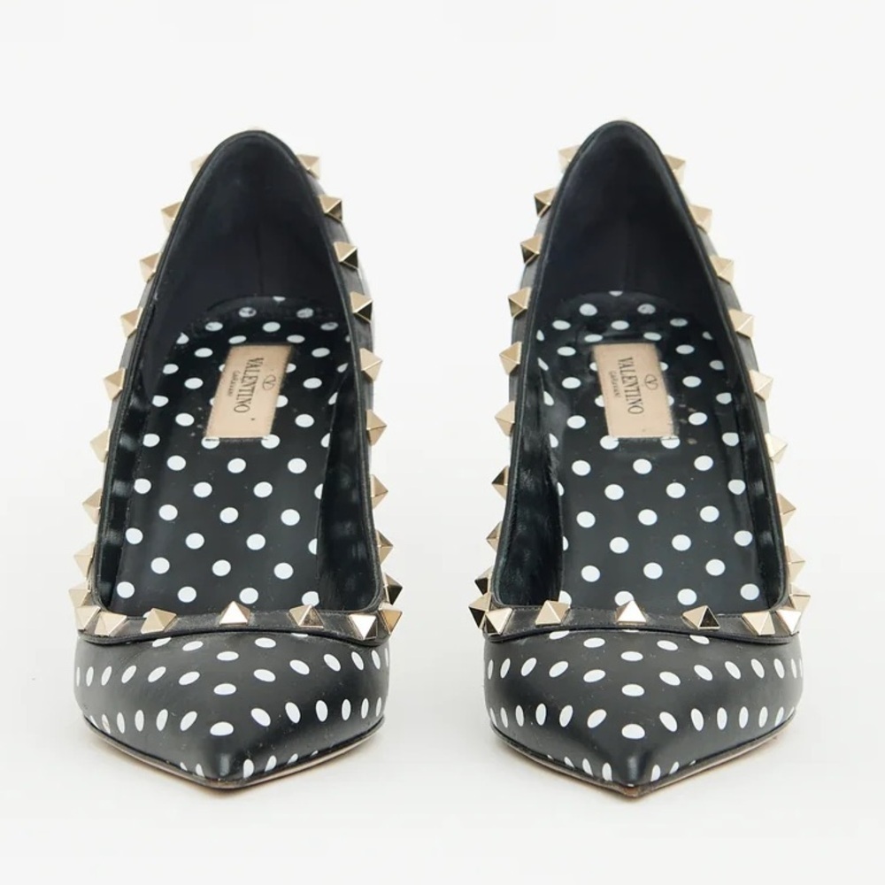 Valentino Rockstud Studded Polkadot Pointed Toe Black Leather Pump Heels